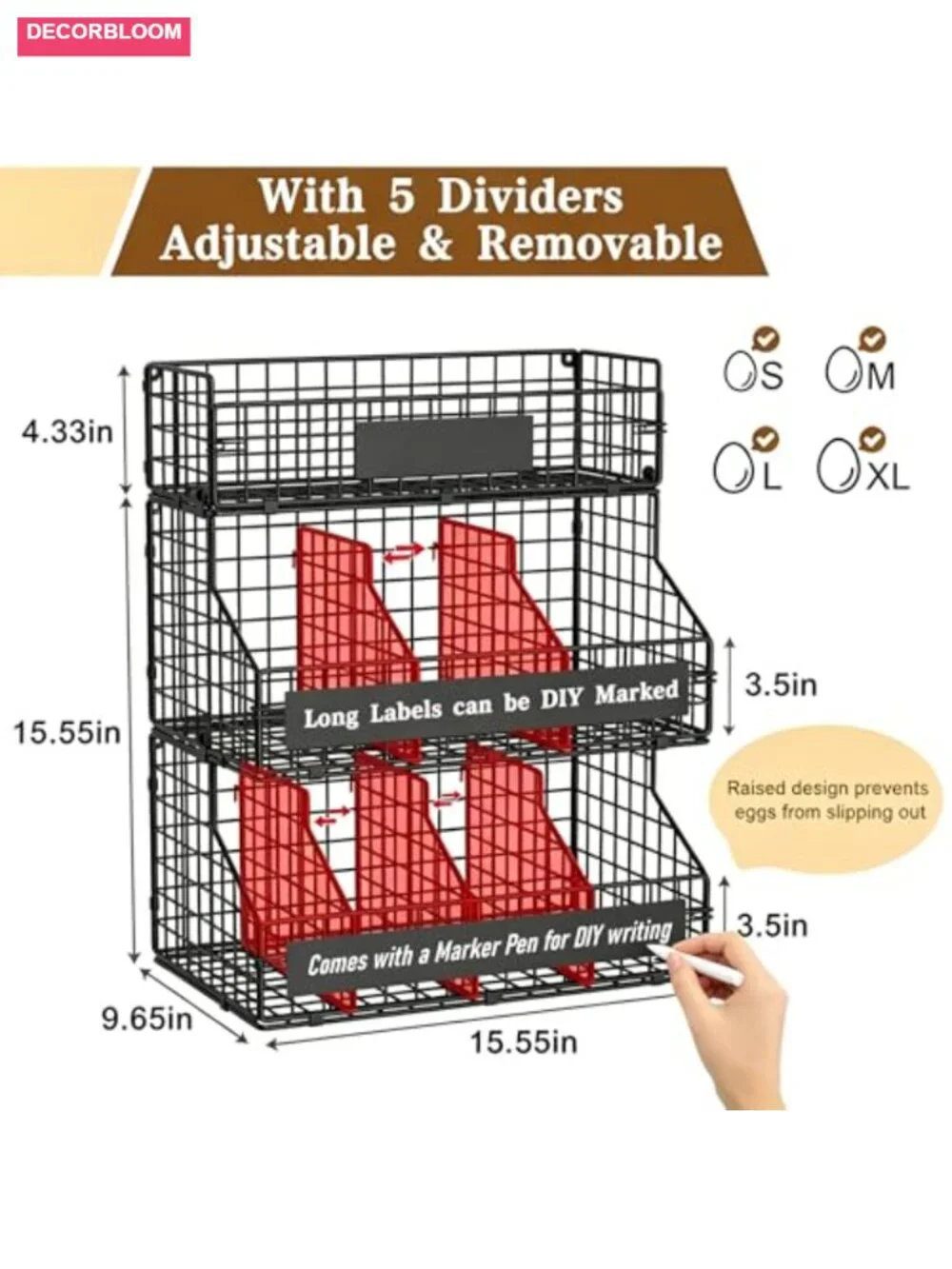 Egg Holder Countertop with 5 Dividers & DIY Nameplate, 3 Tier Stackable Wire